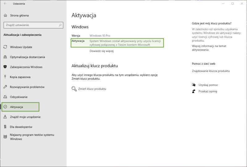 Windows 10 - Informacja o aktywacji systemu 