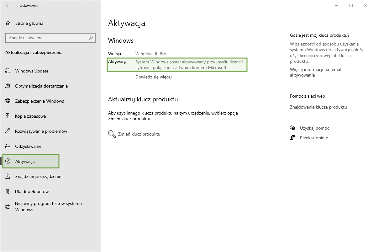 Windows 10 - Informacja o poprawnej aktywacji systemu.
